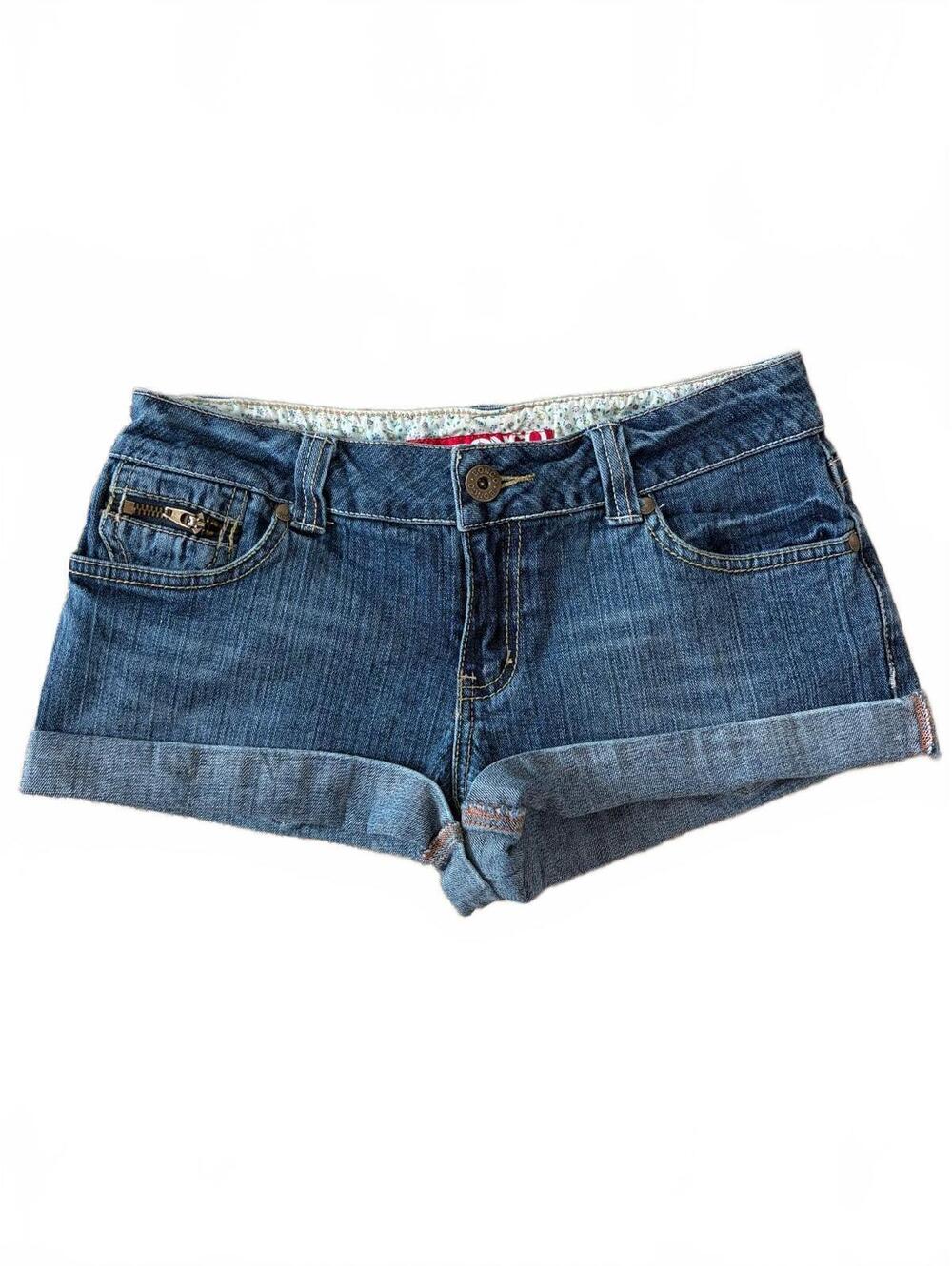Bongo Mini Denim Shorts Blue Cuffed Low Rise Floral Lined Flap Pockets